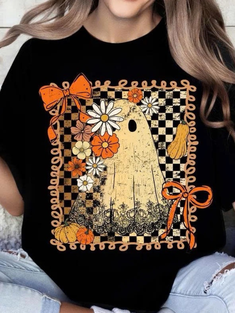 Black Halloween Ghost Floral Graphic Tee